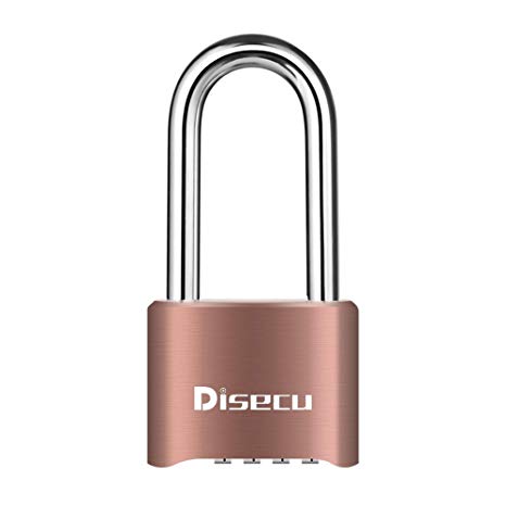 Disecu Heavy Duty 4 Digit Combination Lock Outdoor Waterproof Long Shackle Padlock for Gate, Fence, Gym Locker,Toolbox (Brass)