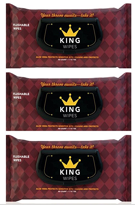 KING Wipes Flushable Wet Wipes, Unscented with Aloe, Dispenser (3 Packs, 48ct Per Pack)