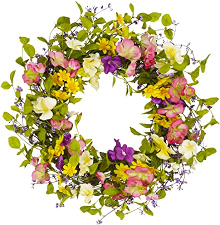 18 Inch Spring Summer Wreath for Front Door Artificial Floral Door Wreath with Vibrant Silk Flowers and Green Leaves for Home Farmhouse Holiday Decor
