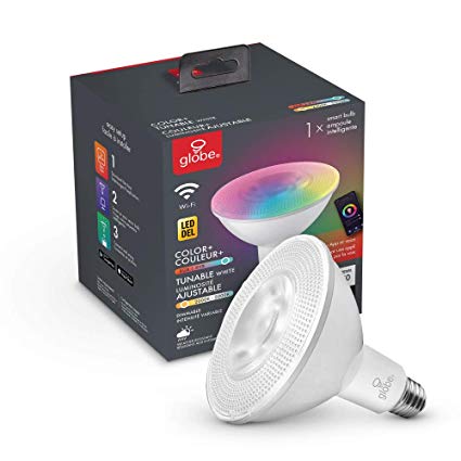 Globe Electric Smart Home Wi-Fi 10 Watt (90W Equivalent) Multicolor Changing RGB Tunable Dimmable Frosted LED Light Bulb, No Hub Required, 2000K-5000K, PAR38 Shape, E26 Base 50043, PAR38, White