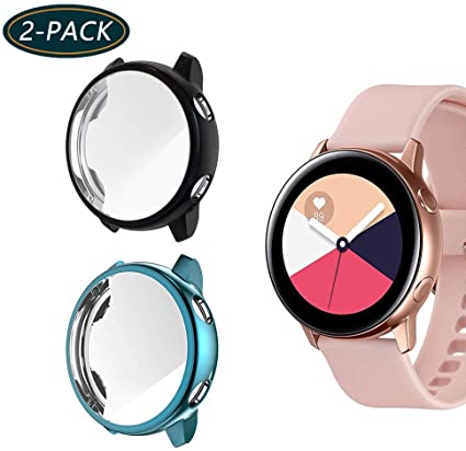 (2-Pack) KPYJA for Samsung Galaxy Watch Active Screen Protector, All-Around TPU Anti-Scratch Flexible Case Soft Protective Bumper Cover for Galaxy Watch Active 40mm Smartwatch(Black/Dark Green)