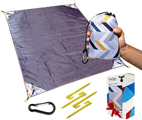 Waterproof Pocket Blanket, 70x55 in. – Sand & Dirt-Proof with Stakes, Carabiner, Case – Compact Travel Beach Mat for Picnics, Camping, Concerts – Durable, Soft, & Fast-Drying