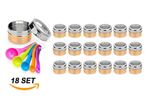 Stainless Steel Magnetic Spice Jars – Bonus Measuring Spoon Set – Airtight Kitchen Storage Containers – Stack on Fridge to Save Counter & Cupboard Space – 18pc Organizers in Gold