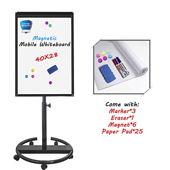 Mobile Whiteboard Standing Dry Erase Board Easel– 40x28 inches Magnetic Whiteboard with 25 Sheets Paper Pad, Black