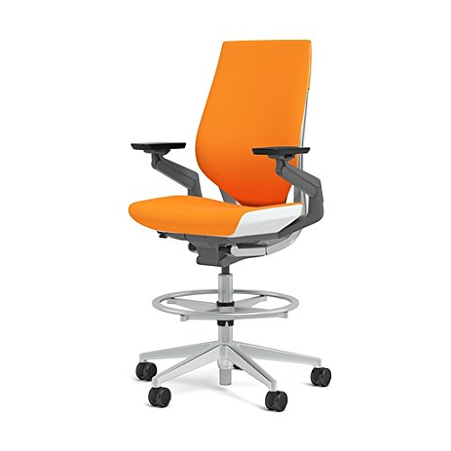 Steelcase Gesture 442 Stool Chair - Cogent: Connect Tangerine Fabric, Medium Seat Height, Shell Back, Light on Light Frame, Polished Aluminum Base