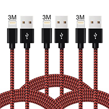 ONSON Lightning Cable,3Pack 3m/10ft Extra Long Nylon Braided Apple iPhone Charger Cable Charging Lead USB Wire for iPhone 7/7 Plus/6S/6S Plus/6/6 Plus/5/5S/5C/SE,iPad Pro/Air/mini,iPod(Black Red)