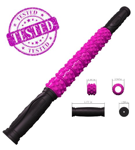 The Muscle Stick Elite - Massage Roller - Better Than Foam Roller - Deep Tissue Natural Muscle Recovery - Trigger Point Relief of Soreness - No Flex Perfect Pressure - Guaranteed - Pink Knobby Hard