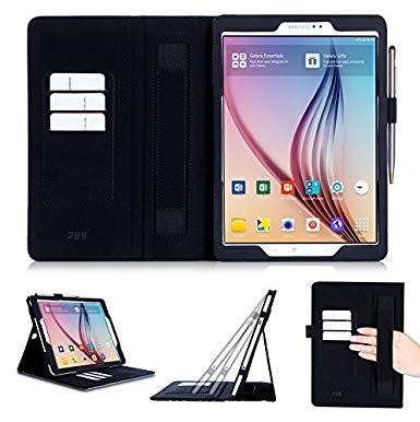 Samsung Galaxy Tab S2 9.7 Case Cover, fyy [Super Functional Series] Premium Leather Case Stand Cover with Card Slots, Note Holder, Quality Hand Strap and Elastic Strap for Samsung Galaxy Tab S2 9.7 (With Auto Wake/Sleep Feature) Black Pattern