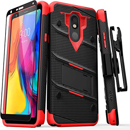 ZIZO Bolt Series LG Stylo 5 Case Military Grade Drop Tested with Full Glass Screen Protector Holster and Kickstand Black Red