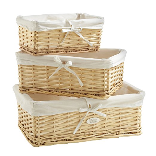 VonHaus Set of 3 Natural Willow Wicker Rattan Baskets with Removable Washable White Liners - Wicker Storage Containers for the Home & Bathroom