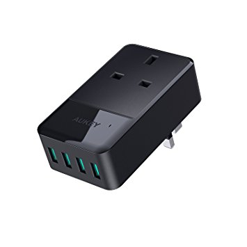 AUKEY USB Wall Charger 4 Ports (5V / 2.4A * 4) with a Socket 16A for Smartphone, Table Lamp, Laptop, iPad, etc.