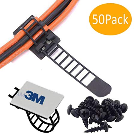 Adjustable Self-Adhesive Nylon Cable Tie mounts Cable Straps with Optional Screw Cord Clamps for wire management(50pack)