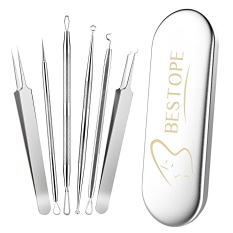 BESTOPE Blackhead Remover Tool Kit, 6 Pcs Comedone Blackhead Extractor Tool with Curved Tweezers and Pimple Popper Spot Remover for Facial Skin Protect with Antibacterial Surgical Steel Quality and Silver Metal Case