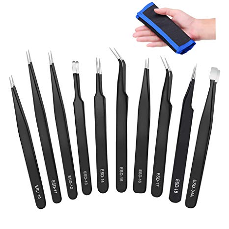 10pcs ESD Tweezers Kit Precision Stainless Steel Anti-static Tweezers Set Non-magnetic Multi-standard Tweezers with Storage Bag for Lab Electronics Jewelry and Detailed Work by Immuson