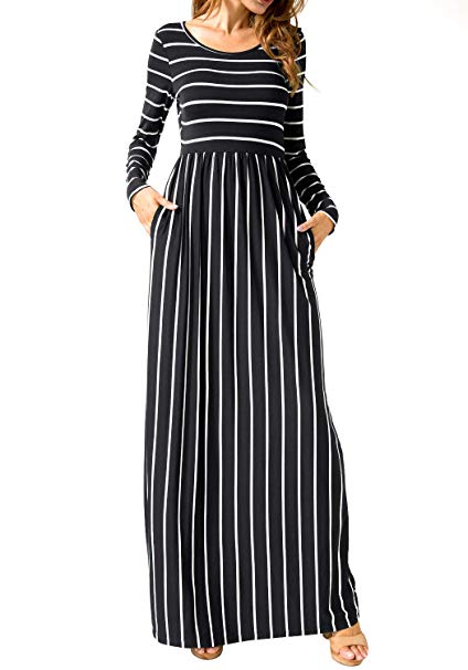 levaca Women's Long Sleeve Pleated Pockets Loose Casual Maxi Long Dress