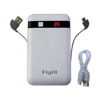 FlyHi LCD Power Bank 10000mAh Dual USB Port 2.1a & 1a External Battery Charger ,LCD Digital Display Remaining Power,with Mirco-USB Cable on Power Bank Itself for Iphone,Ipad,Samsung ,so on (White)