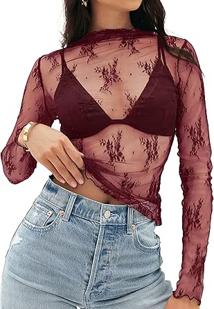 MEROKEETY 2024 Womens Mesh Sheer Long Sleeve Layering Top Sexy Y2k Mock Neck Floral Lace See Through Shirt Blouses