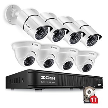 ZOSI 8-Channel HD-TVI 1080P Lite Video Security Camera System,4 in 1 DVR Recorder and (8) 1.0MP Indoor/Outdoor Day/Night Weatherproof Surveillance Cameras (1TB Hard Drive Built-in)