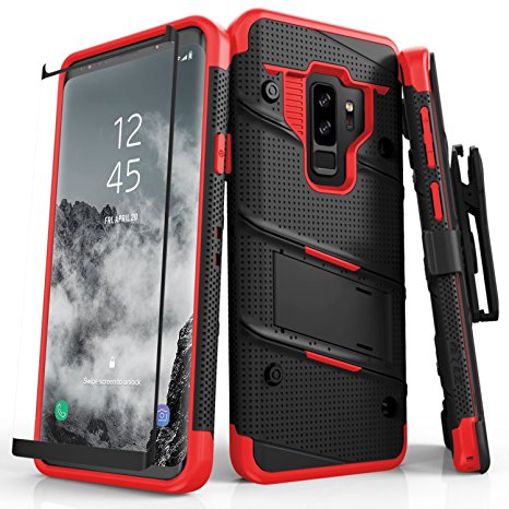 Zizo Bolt Series Samsung Galaxy S9 Plus Case - Full Curved Glass Screen Protector with Holster and 12ft Military Grade Drop Tested (Black & Red)