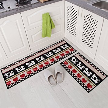 Carvapet 2 Piece Non-Slip Kitchen Mat Rubber Backing Doormat Runner Rug Set, Cartoon Milch Cow Strawberry Design (Black/Beige/Red 15"x47" 15"x23")