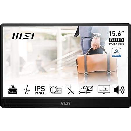 MSI PRO MP161 15.6 Inch Full HD Portable Monitor - 1920 x 1080 IPS Panel, 60Hz, Eye-Friendly Screen, Built-in Speakers, Display Kit Support, Fold-Out Kickstand, 1 x Mini-HDMI 2.0b, 2 x Type C