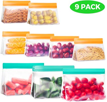 CENJOY 9 Pack PEVA Food Reusable Storage Bags (3 Big & 6 Small) Seal Sandwich Lunch Bags Reusable for Food Snacks Fruit Lunch