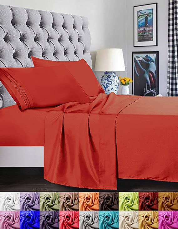 Elegant Comfort 1500 Thread Count Egyptian Quality Super Soft WRINKLE FREE & WRINKLE RESISTANT 4 pc Sheet Set, Deep Pocket Up to 18" - All Size and Colors, King Rust/Orange