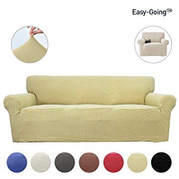 Stretch Slipcovers, Sofa Covers, Furniture Protector with Elastic Bottom, Anti-Slip Foam, Couch, Pets Shield, Polyester Spandex Jacquard Fabric Small Checks 1 Piece by Easy-Going (Sofa, Camel)