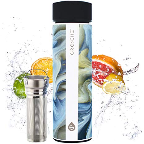 GROSCHE Chicago SOFT TOUCH (Saturn) fruit infuser water bottle | Double Walled Tea infuser bottle | Vacuum insulated stainless steel water bottle | 450 ml/ 15.2 fl. Oz | EXTRA LONG TEA INFUSER