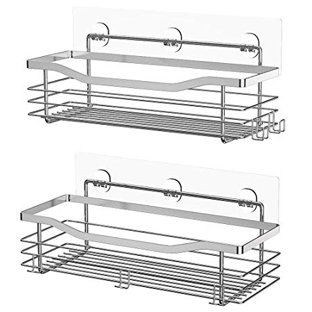 Orimade Shower Caddy Basket with 5 Hooks for Hanging Razor and Sponge Bathroom Organizer Shelf Kitchen Storage Rack Wall Mounted Adhesive No Drilling SUS304 Stainless Steel - 2 Pack