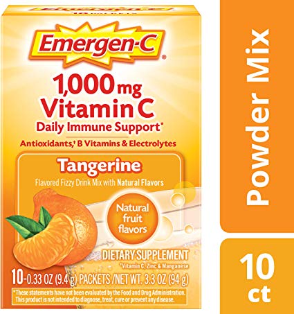 Emergen-C Vitamin C 1000mg Powder (10 Count, Tangerine Flavor), With Antioxidants, B Vitamins And Electrolytes, Dietary Supplement Fizzy Drink Mix, Caffeine Free