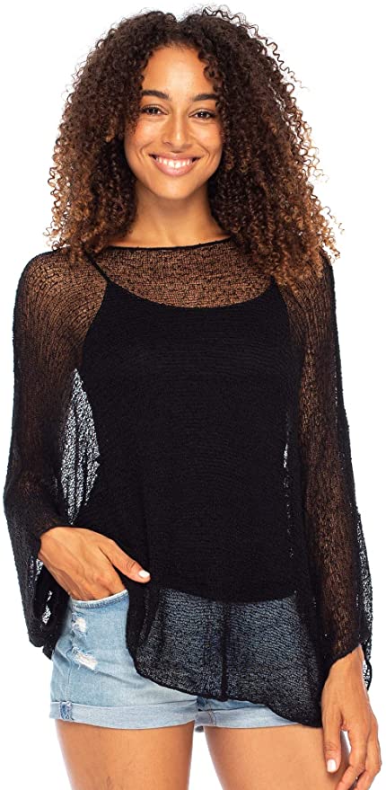 Back From Bali Womens Sheer Blouse Top Lightweight Knit Shrug Sweater Poncho