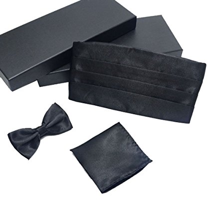 Formal Solid Pre-tied Bow Tie & Pocket Square & Cummerbund Set