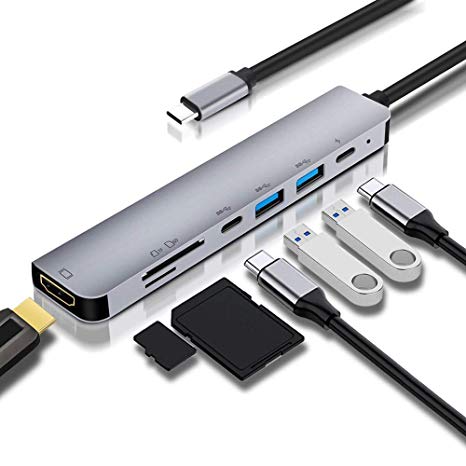 USB C Hub 7-in-1 Adapter for MacBook Air, MacBook Pro(2019/2018/2017) with 4K HDMI, PD Power Delivery,2 USB 2.0 Ports,SD/TF Cards Reader