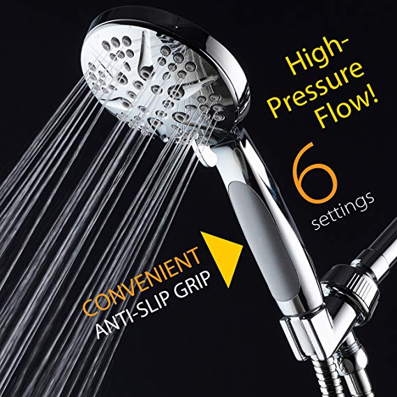 NOTILUS Giant High-Pressure 6-setting Luxury Rain/Handheld Shower Head - Anti-Slip Grip, Metal Fittings, Anti-Clog Jets, Heavy-Duty Stainless Steel Hose - All-Chrome Finish,