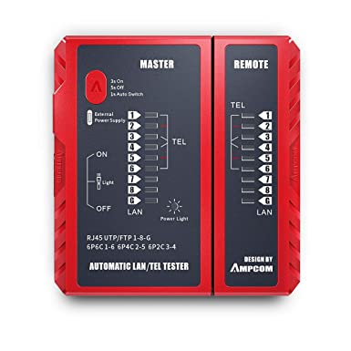 AMPCOM RJ45 Tester for LAN 8P8C Phone RJ12/ RJ11 6P6C 6P4C 6P2C Shielded or Unshielded Network Cable -Red