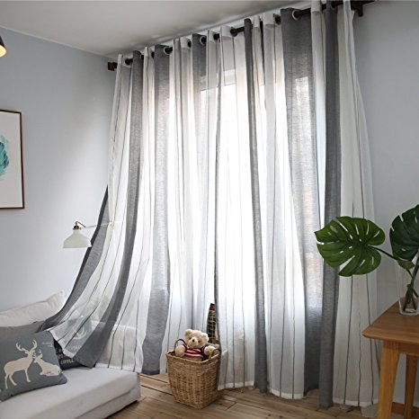 DEZENE Vertical Striped Sheer Curtains for Living Room Tulle Panels with Grommets,54 Inches Width x 84 Inches Long, Grey and White