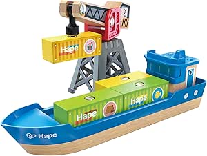 Hape Cargo Ship & Crane | Toy Boat and Crane Playset, for Children Ages 3Y