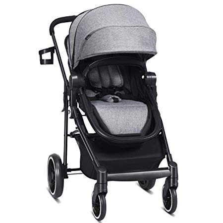 INFANS 2 in 1 Baby Stroller, High Landscape Infant Stroller & Reversible Bassinet Pram, Foldable Pushchair with Adjustable Canopy, Storage Basket, Cup Holder, Suspension Wheels (Grey)