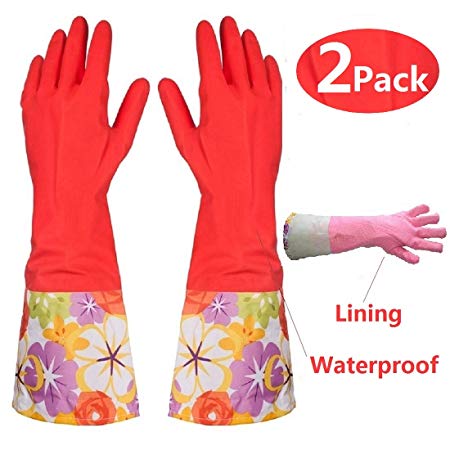 BIAJI Kitchen Rubber Cleaning Gloves with Lining Household Thickening PU Waterproof Dishwashing Latex Glove 2 Pairs