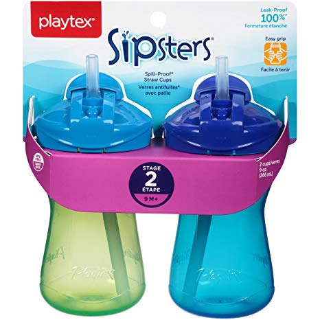 Playtex Baby Sipsters Spill-Proof Straw Sippy Cups, Stage 2 (9 Months ), Pack of 2 Cup