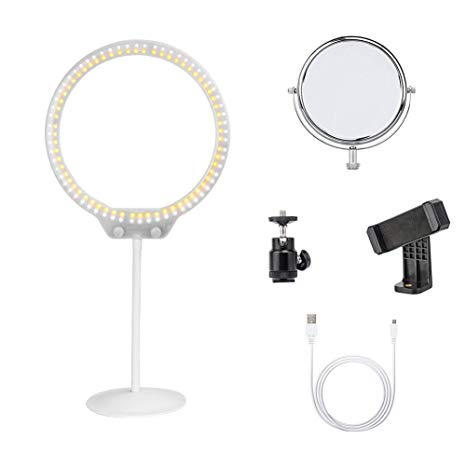 Zomei Portable Dimmable Tabletop LED Ring Light with USB Power Supply Port,Mirror,Ball Head and Cell Phone Holder for Makeup DSLR Camera iPhone Sumsang Phone YouTube Live Video Shooting(White)