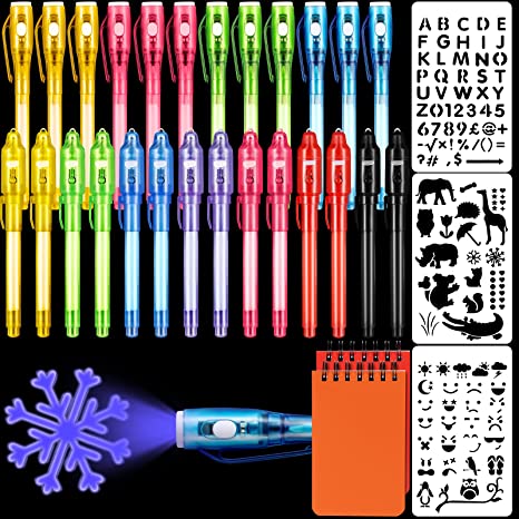 31 Pieces Invisible Ink Pen Set Invisible Ink Spy Secret Pen with UV Light, Spiral Notepads and Letter Symbol Template for Themed Party Favors Boys or Girls Goodie Bags Stuffers