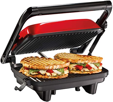 Hamilton Beach Electric Panini Press Grill With Locking Lid, Opens 180 Degrees For Any Sandwich Thickness, Nonstick 8" X 10" Grids, Red (25462Z)