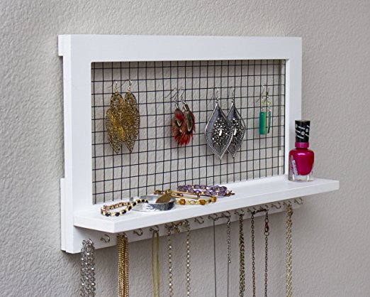 White Wooden Wall Mount Jewelry Organizer for Earrings / Necklaces / Bracelets / Accessories (White- Hooks)