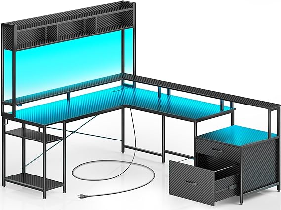 Rolanstar L Shaped Computer Desk with File Drawer,102.4" Gaming Desk with Led Lights & Power Outlets,Home Office Desk with Monitor Stand,Hutch & Storage Shelf,Carbon Fiber Black