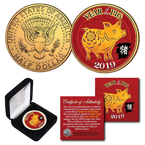 2019 Lunar New YEAR OF THE PIG 24K Gold Plated JFK Half Dollar US Coin with BOX