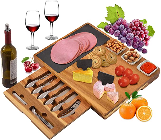 Prime Garden Extra Large Acacia Wood Cheese Board and Knife Set, 21-Piece Charcuterie Platter Serving Tray for Meat, Wine & Cheese
