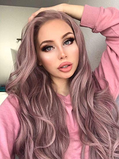 eNilecor Ash Pink Lace Front Wigs, Long Wave Dusty Rose Gold Synthetic Natural Color Side Part Wig for Women (Ash Pink)