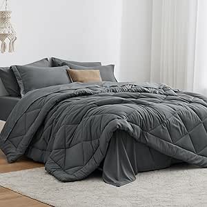 Love's cabin Queen Comforter Set Dark Grey, 7 Pieces Queen Bed in a Bag, All Season Queen Bedding Sets with 1 Comforter, 1 Flat Sheet, 1 Fitted Sheet, 2 Pillowcase and 2 Pillow Sham